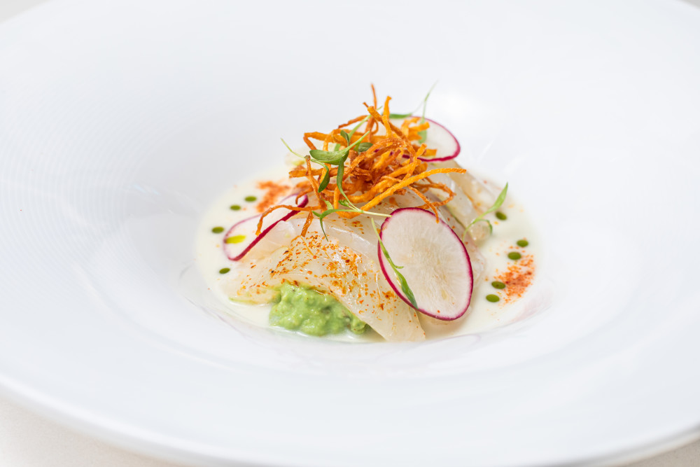 Fluke crudo, chilled coconut rosemary broth, mint oil