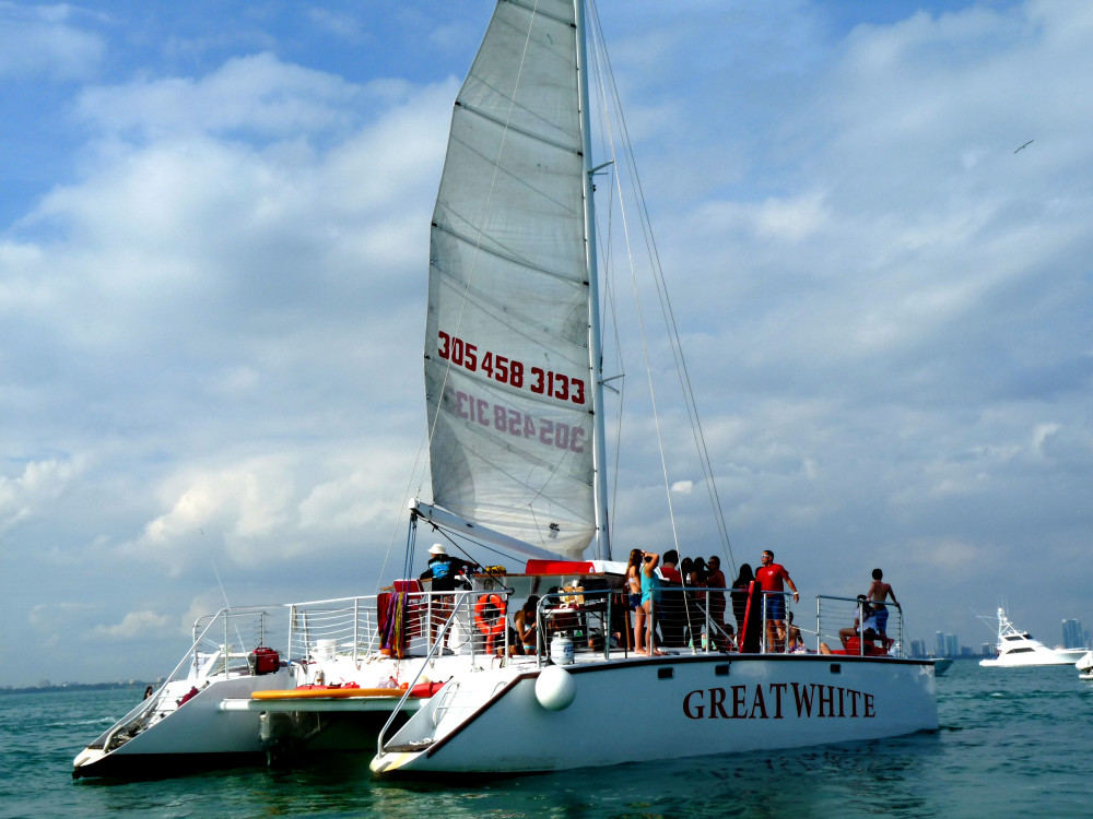 Great White Catamaran is an amazing Catamaran Kurt Hughes Design this giant Catamaran is a classic, she has been on several TV commercials and she has a 42-Person capacity.