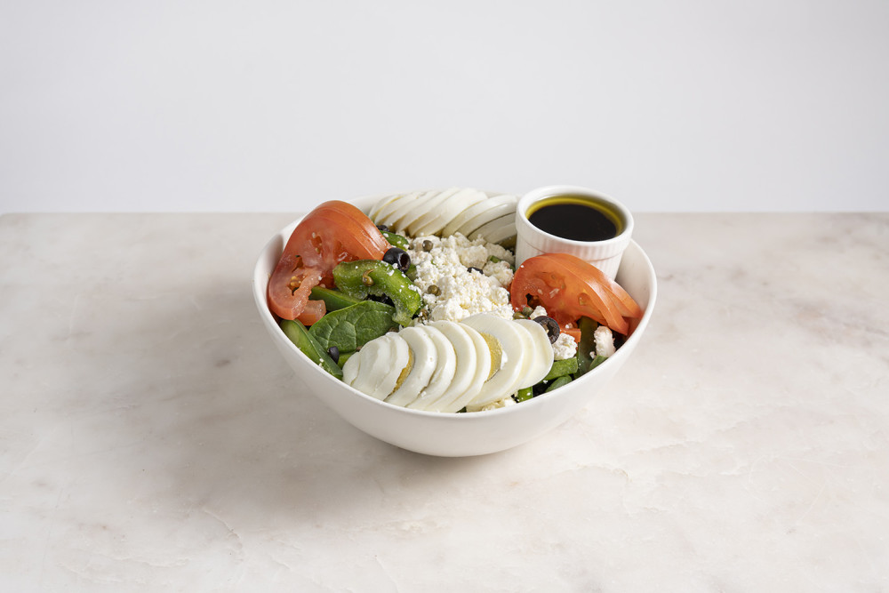 Romaine Lettuce, Feta Cheese, Green Peppers, Olives, Tomatoes, Capers & Hard-Cooked Eggs