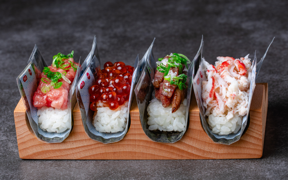 Belly Fish Hand Rolls: negitoro, house marinated ikura, A5 wagyu, Canadian snow crab