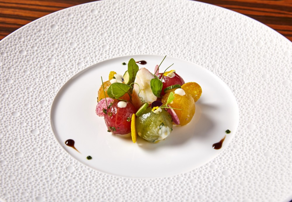 Heirloom tomato & roasted beet salad, coconut yogurt flan, saffron