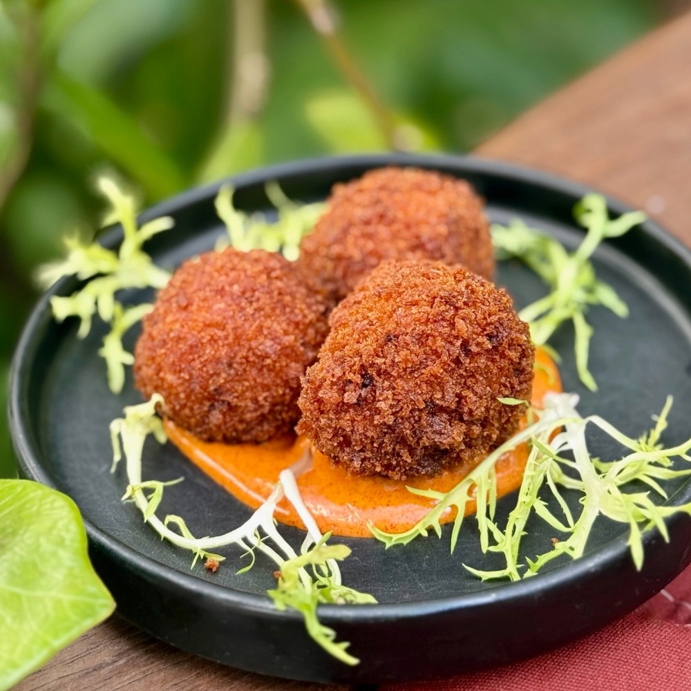 shrimp & chorizo arancini - smoked chile aioli