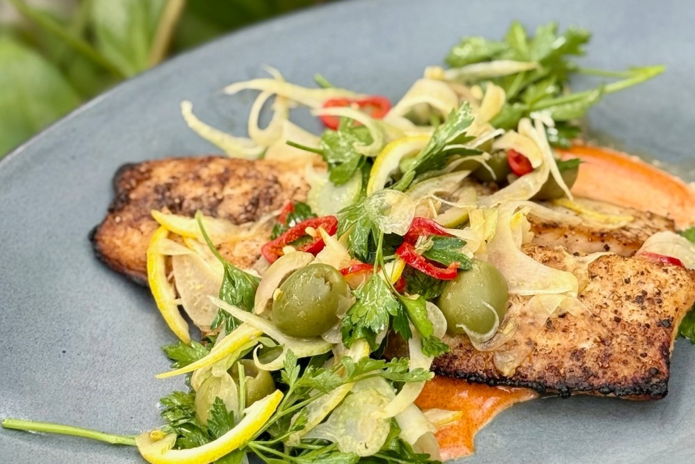 pan seared cobia - fennel, orange, castelvetrano olives, arugula, smoked paprika aioli