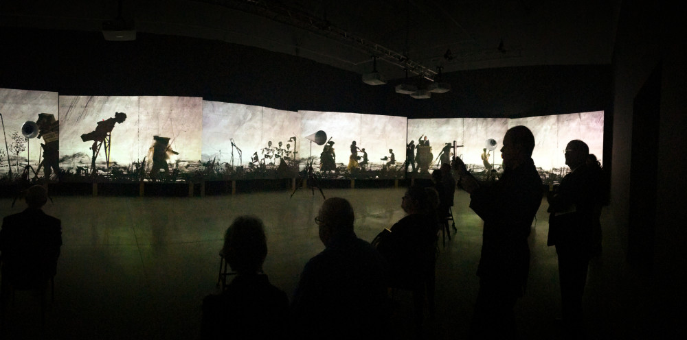 An opening-night crowd takes in William Kentridge's "More Sweetly Play the Dance" on May 19, 2018. Photo by Francisco Moraga