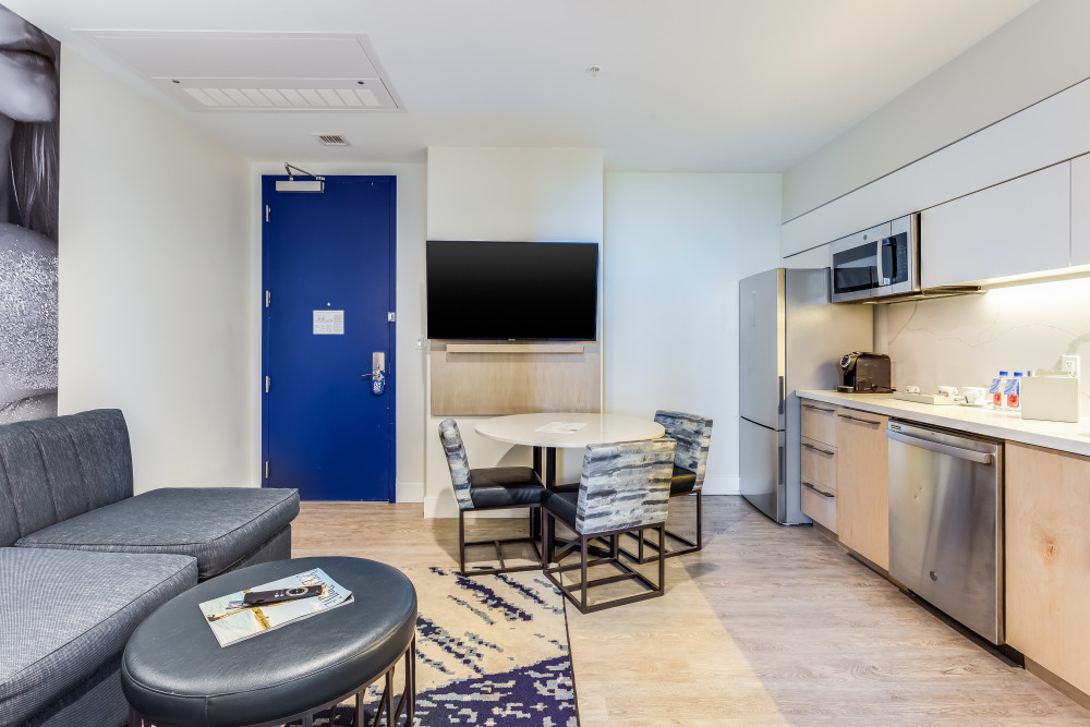 Some of our suites are equipped with ample kitchenette space, including full-size fridge, electric stove, dishwasher, and all the utensils to make this Suite your home away from home. Available with one King or two Queens, and a queen size sofa-bed, these units are optimal for longer stays.
