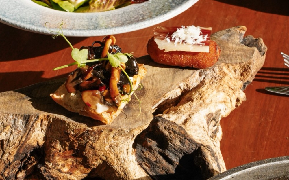 IBERIAN CROQUETA AND PARMESAN - WILD MUSHROOMS "AL AJILLO" MONTADITO