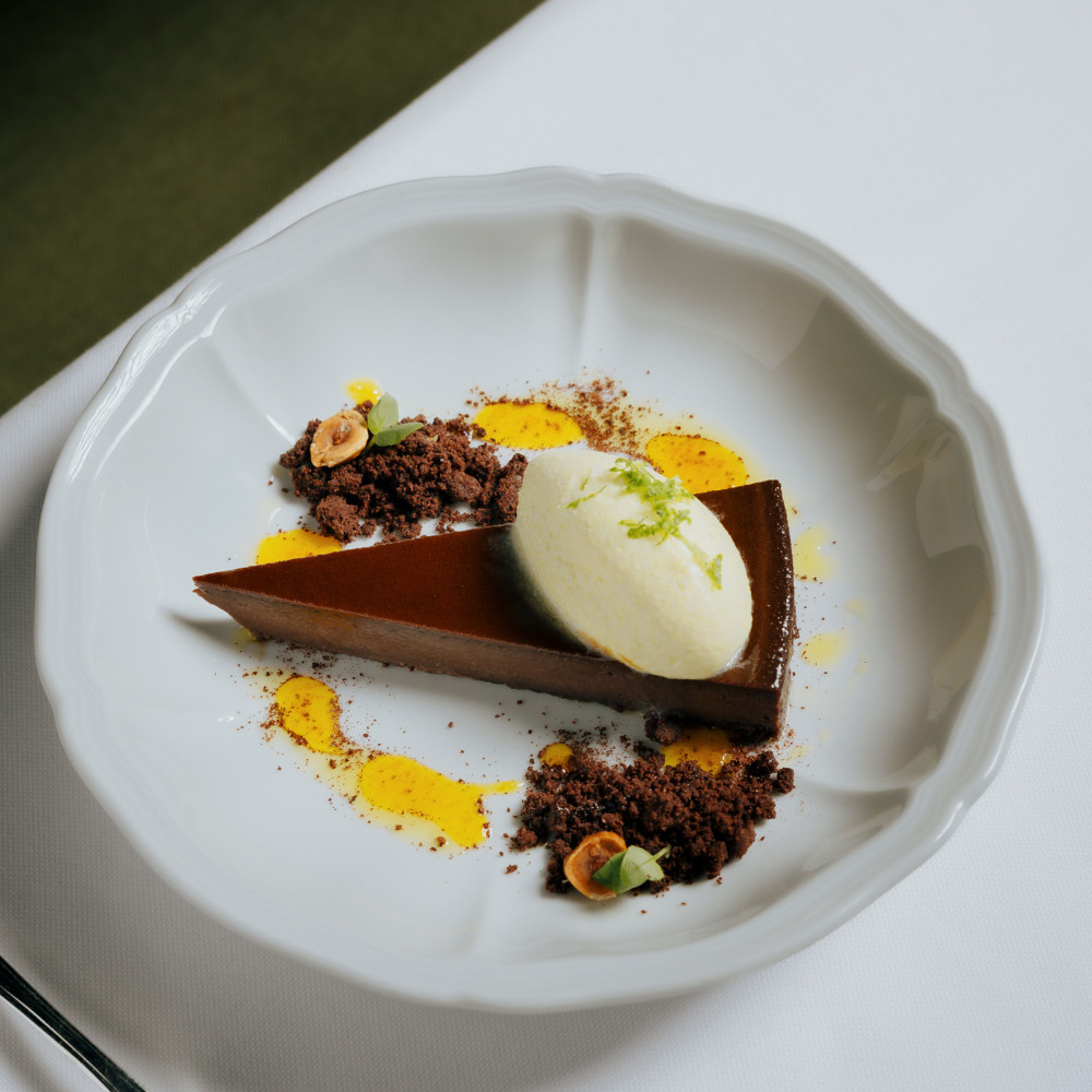 Olive oil ice cream and orange reduction