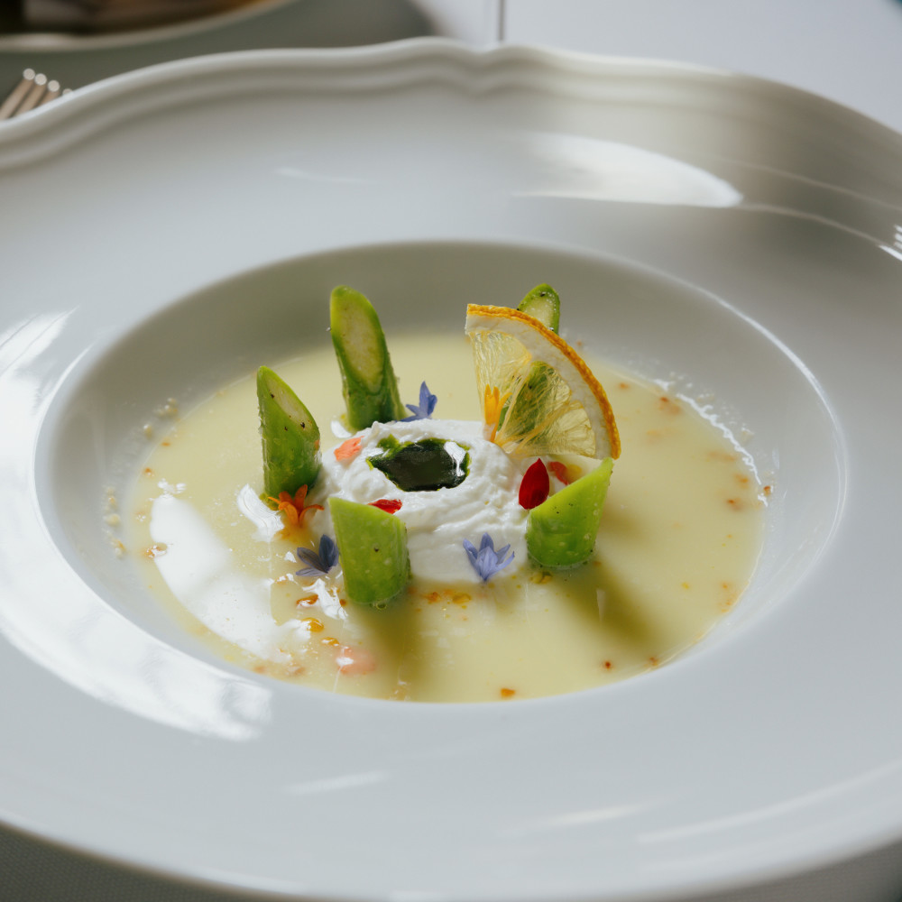 Asparagus, fresh ricotta, and macadamia nuts