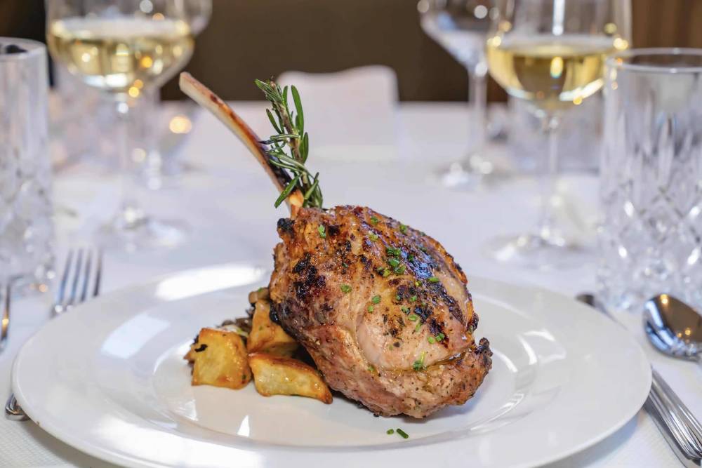 16oz Grilled Veal Chop, Grilled Vegetables Of The Day, Wild Mushroom Marsala Sauce