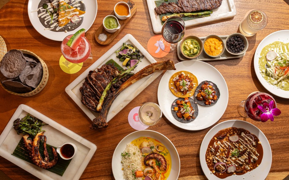 Exterior shot, various dishes and drinks