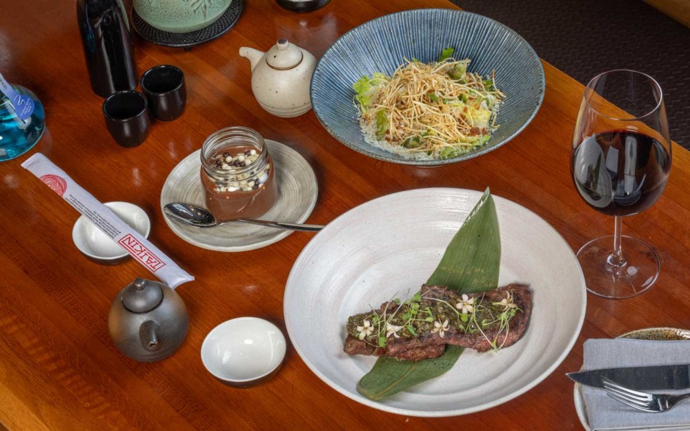 Tender Skirt Steak, fresh Nippon Caesar Salad, and rich Nutella Mousse—a delicious trio blending savory, crisp, and sweet in every bite.