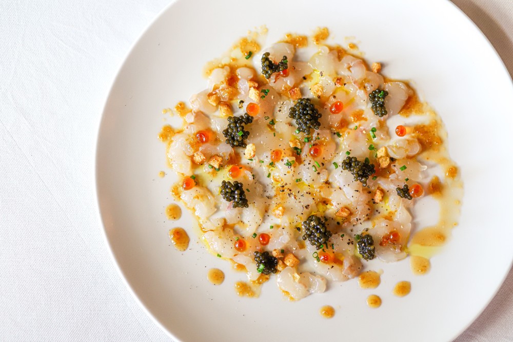 Sliced Langoustine, Yuzu Dressing, Duo of Caviars