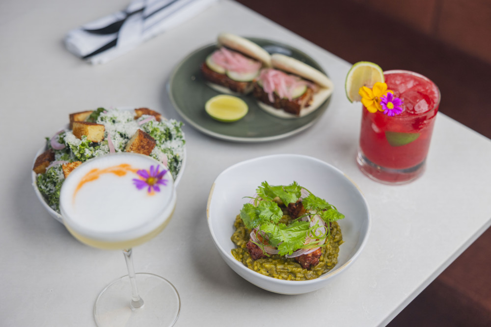 Crispy Kale Cesar, Midnight in Rio and No Prob-Llama cocktails, Pork Belly Bao, Melosito de Pulpo.