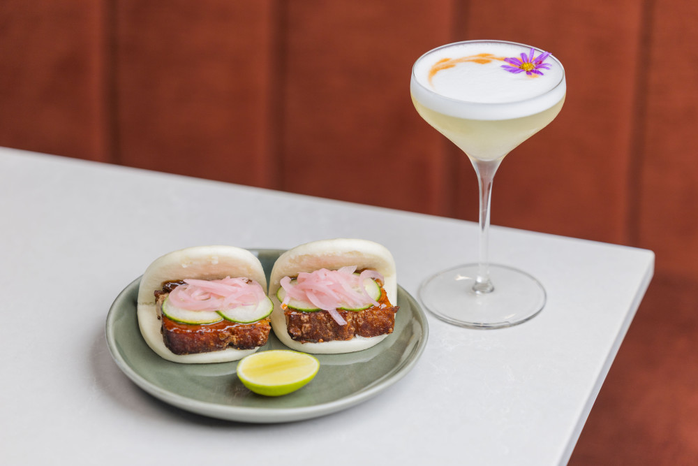 Delicious Pork Belly Boa Buns paired with our No Prob-Llama pisco sour.