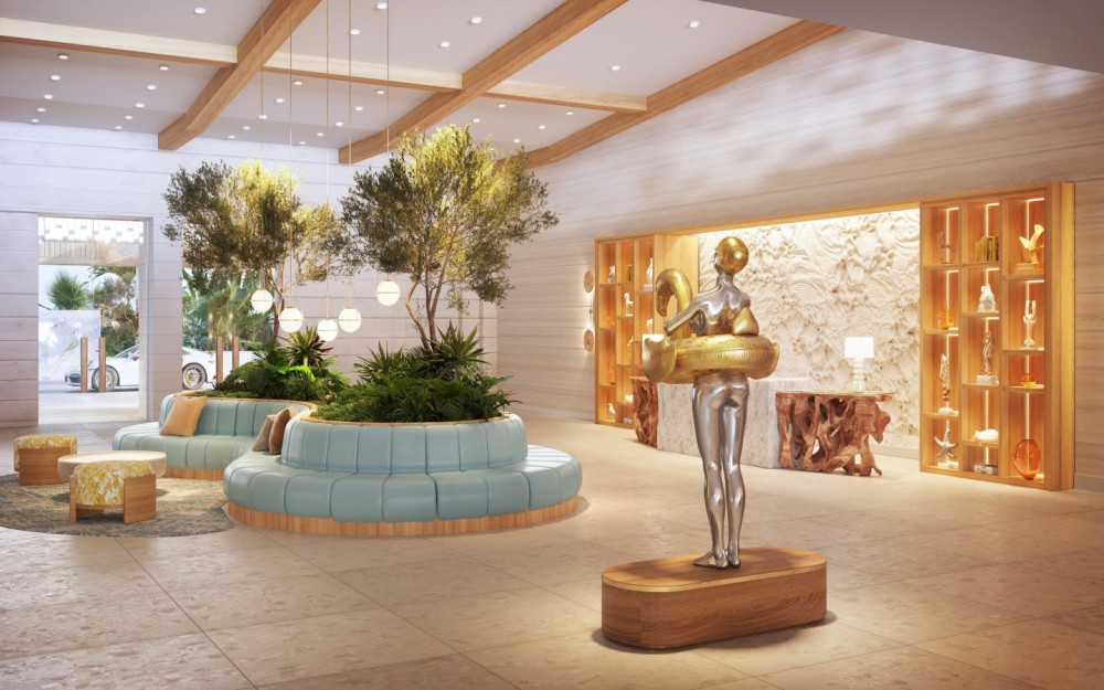 Welcome to The Sunny—our vibrant lobby blends contemporary design with coastal charm, offering a warm, inviting space to gather, relax, or check in.