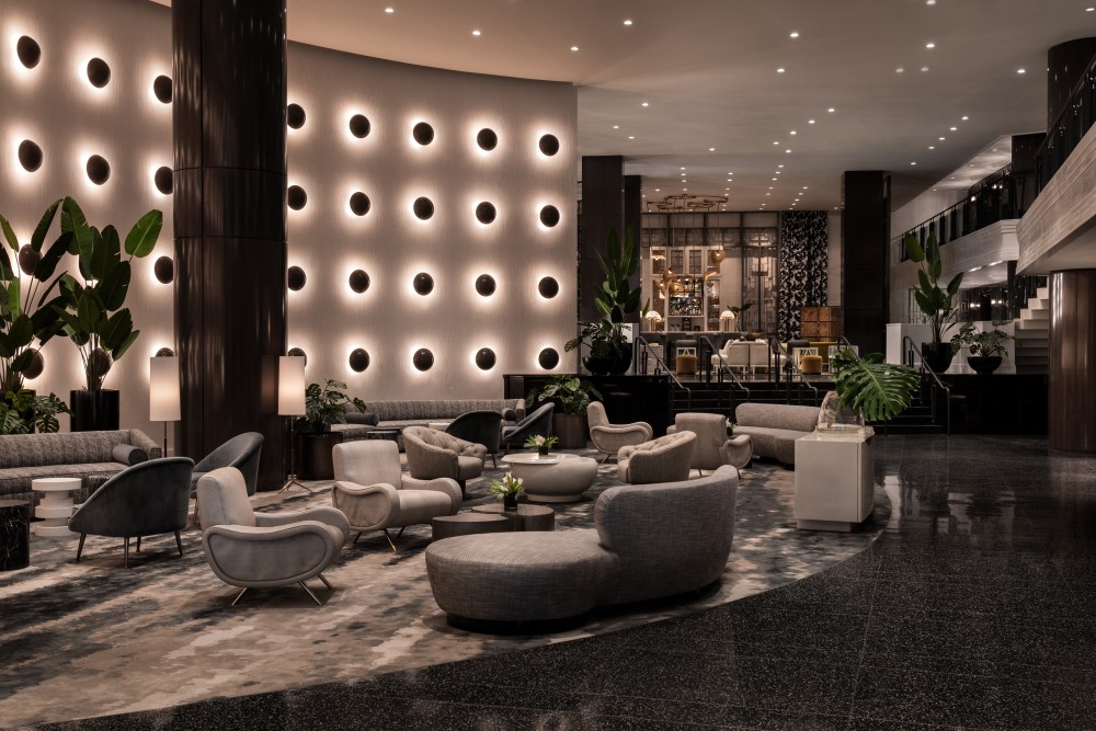 The striking lobby and historic wall of lights at The Ritz-Carlton, South Beach