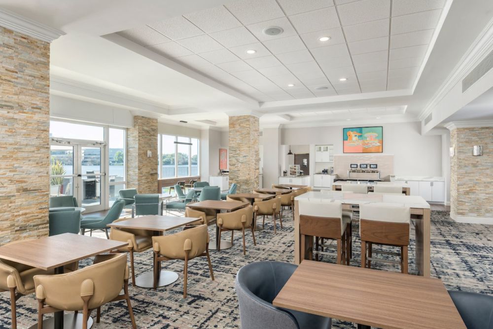 Lobby overlooking Blue Lagoon and featuring our breakfast buffet and self served bar.