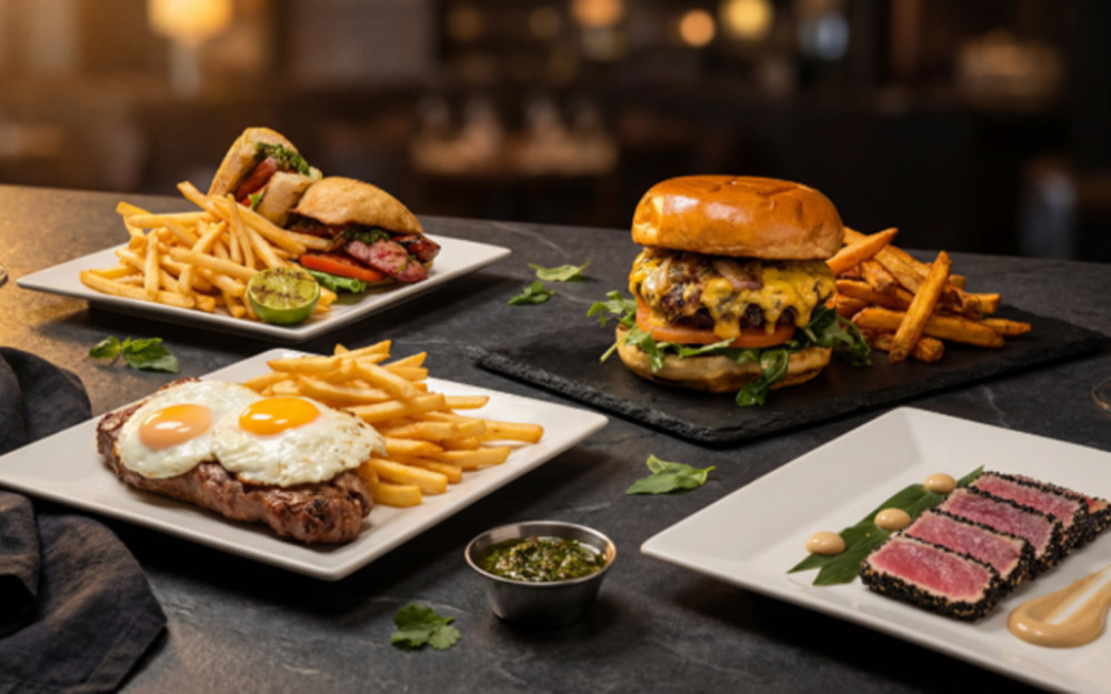 Steak and Eggs, Cheeseburger, and seared Tuna.