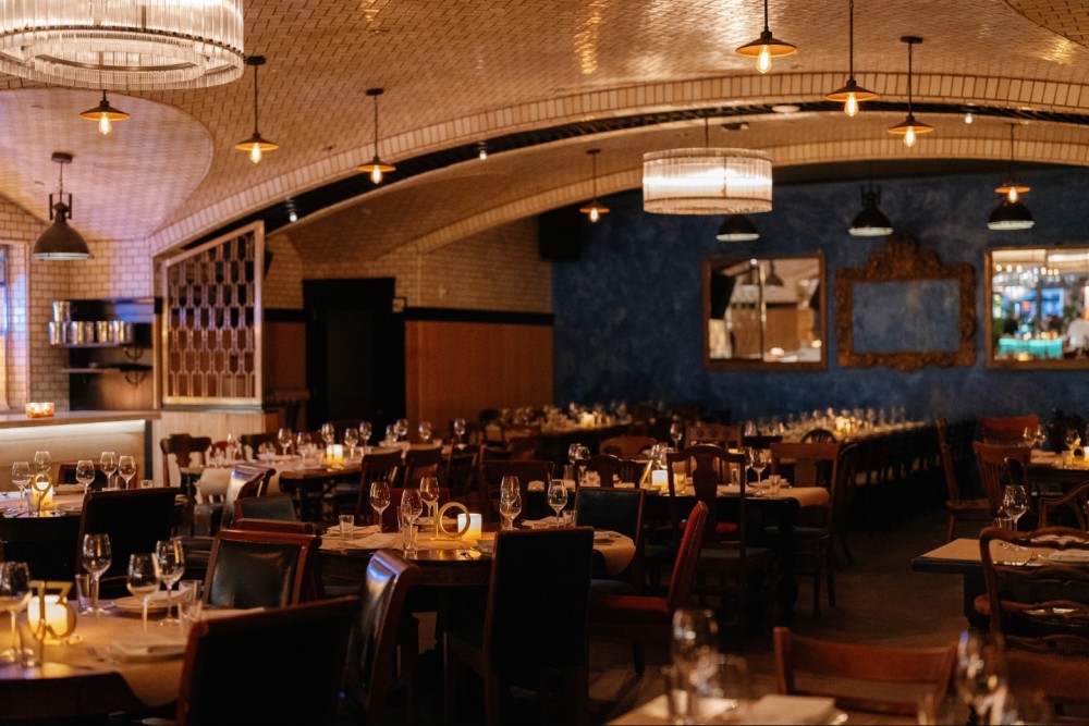 Main Dining Room draped in red.