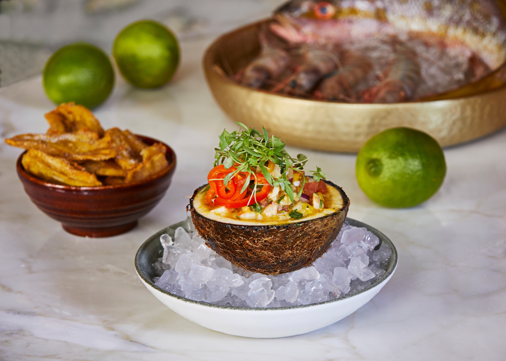 Tropical Ceviche 
Local fish & shrimp ceviche,
mango, coconut, passion
fruit, cilantro, plantain chips.