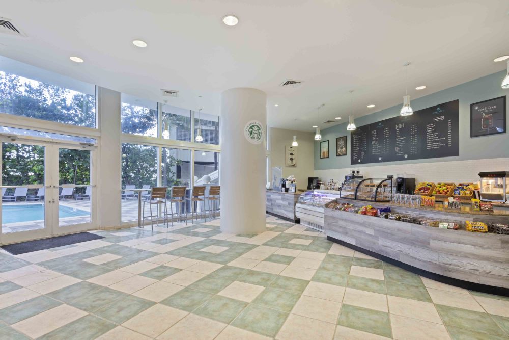 Onsite Market serving to-go items and proudly serving Starbucks.
