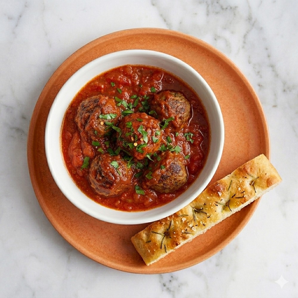 Homemade Meatballs in Marinara Sauce, served with warm Focaccia