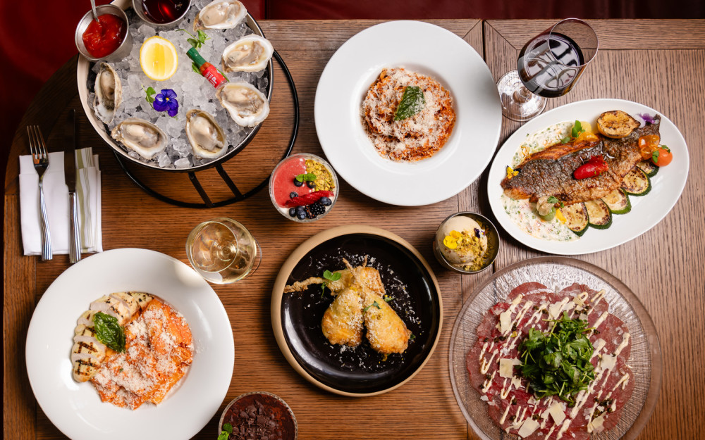 Oysters, Mafaldine Bolognese, Gulf Redfish, Beef Carpaccio di Manzo, Stuffed Squash Blossom, Spicy Rigatoni alla Vodka