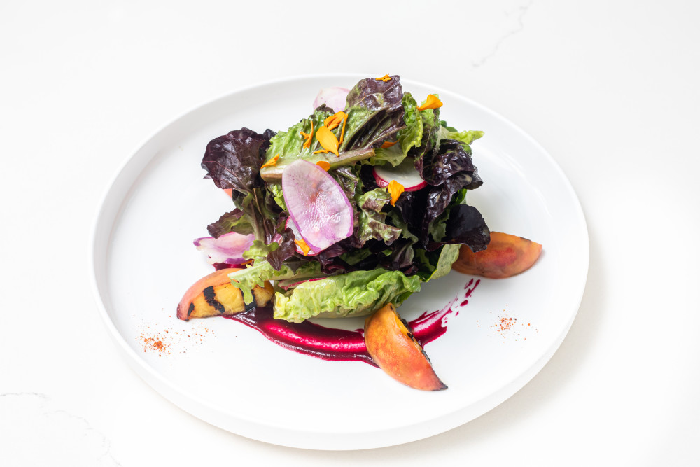 Mix greens, grilled peach, sherry vinaigrette