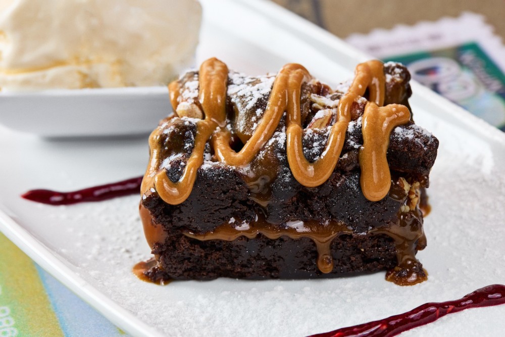 Chocolate brownie, vanilla ice cream.