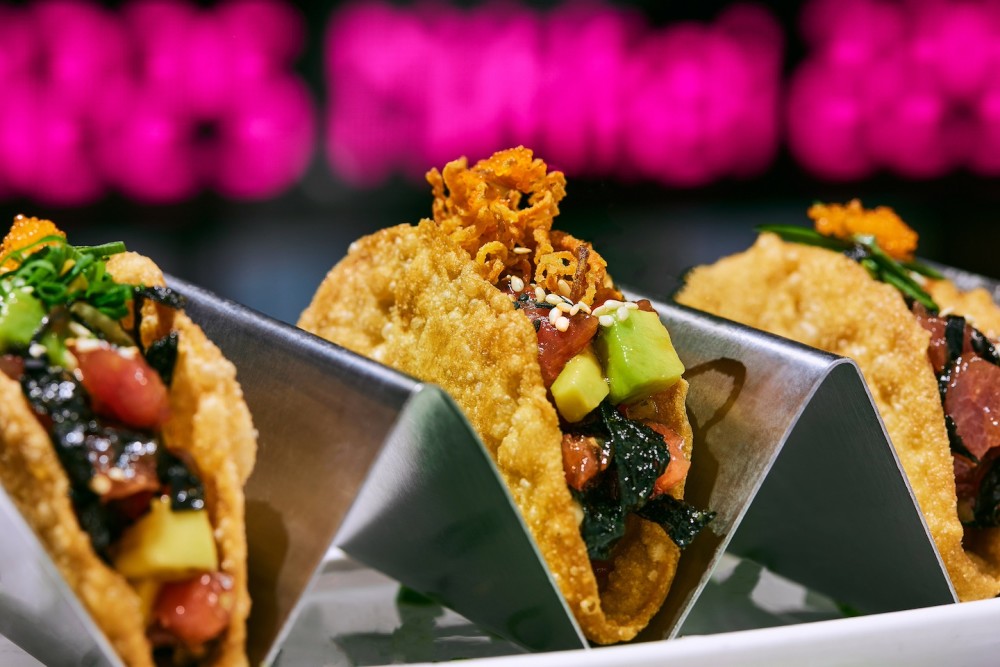 Crispy gyoza wrappers, tuna tartare, avocado, truffle oil, wasabi mayo, masago.