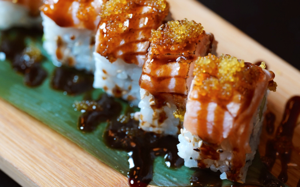 Torched salmon, miso cream, salmon, takuan, avocado, yuzu