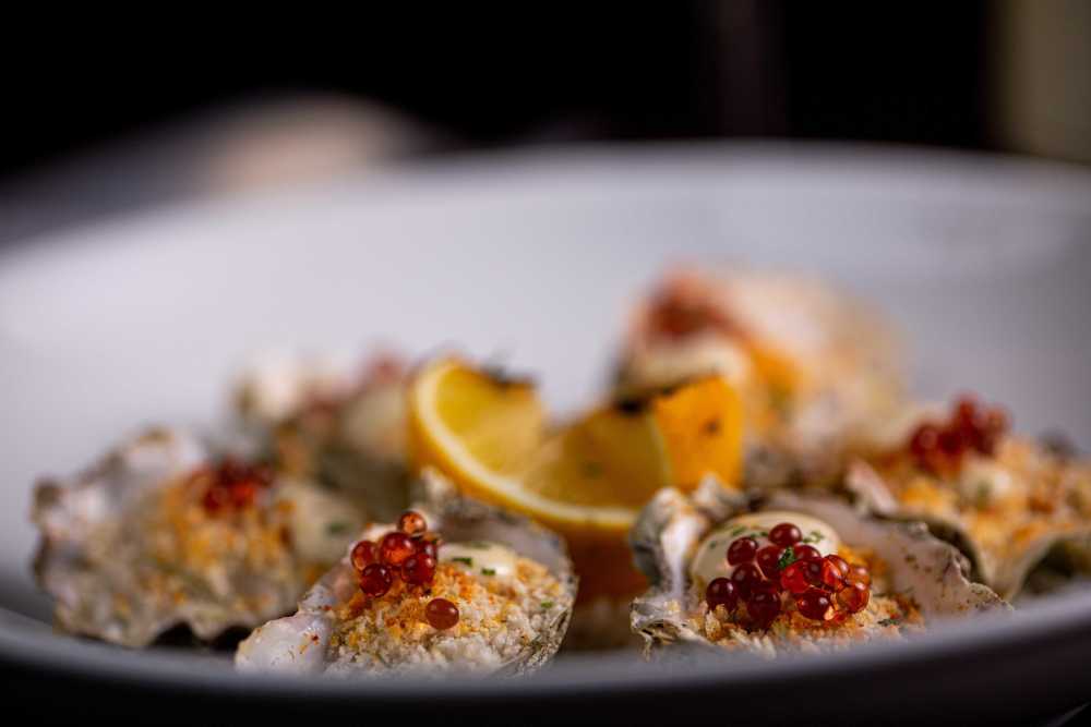 cheese blend, garlic butter, Meyer lemon cream, aji limo