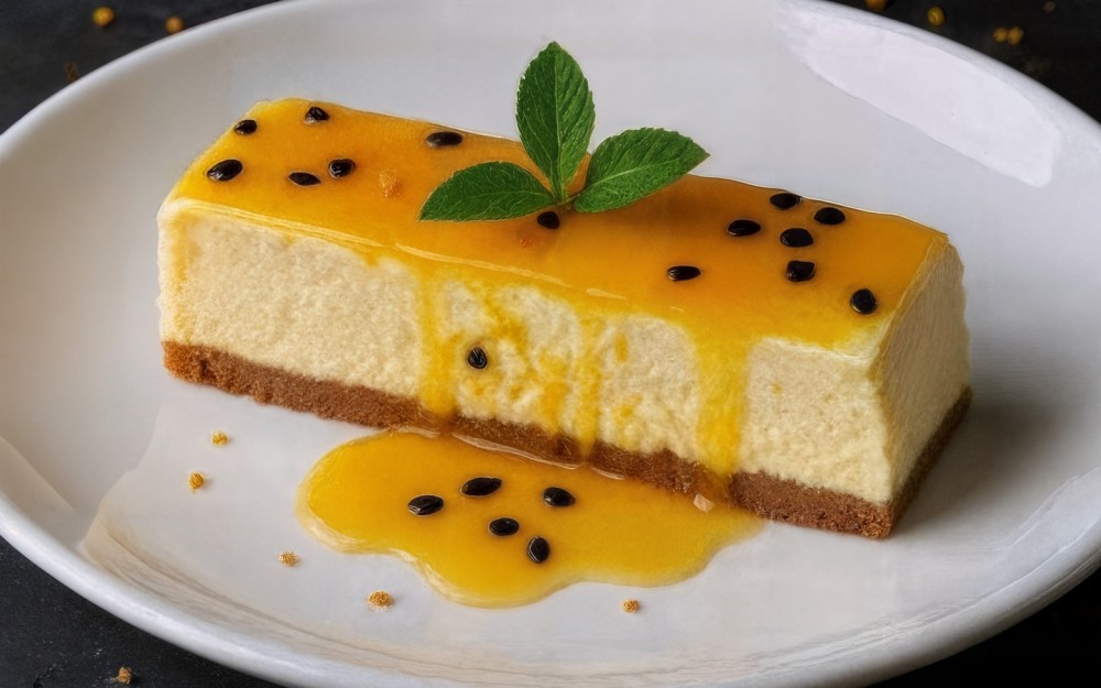 Silky passion fruit cheesecake with a bright tropical finish