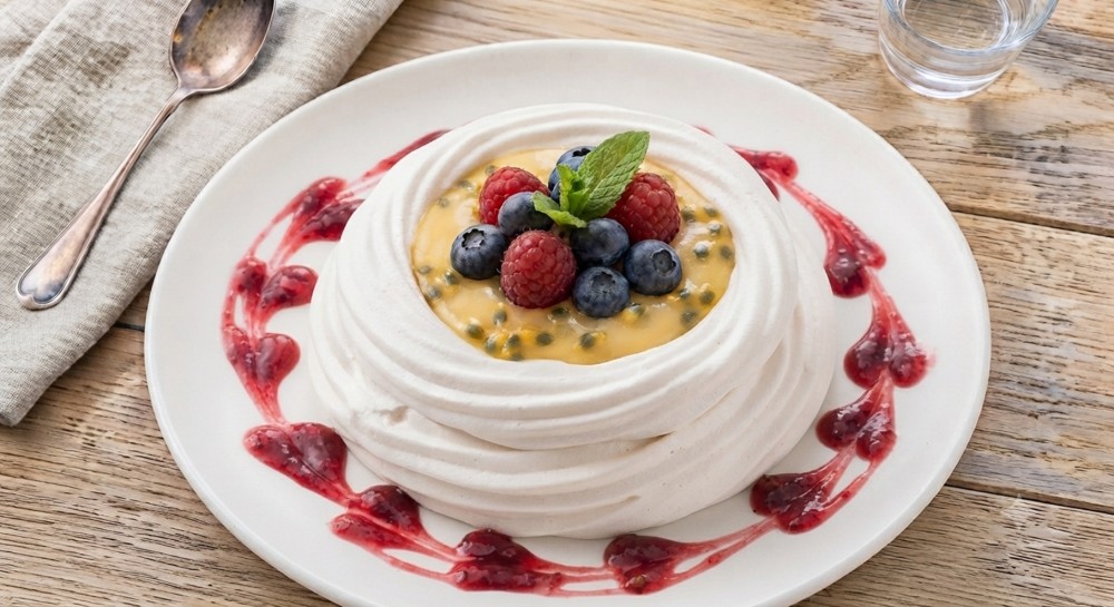A crisp, delicate meringue nest with a soft center, filled with a vibrant passion fruit cream and topped with fresh, glossy berries