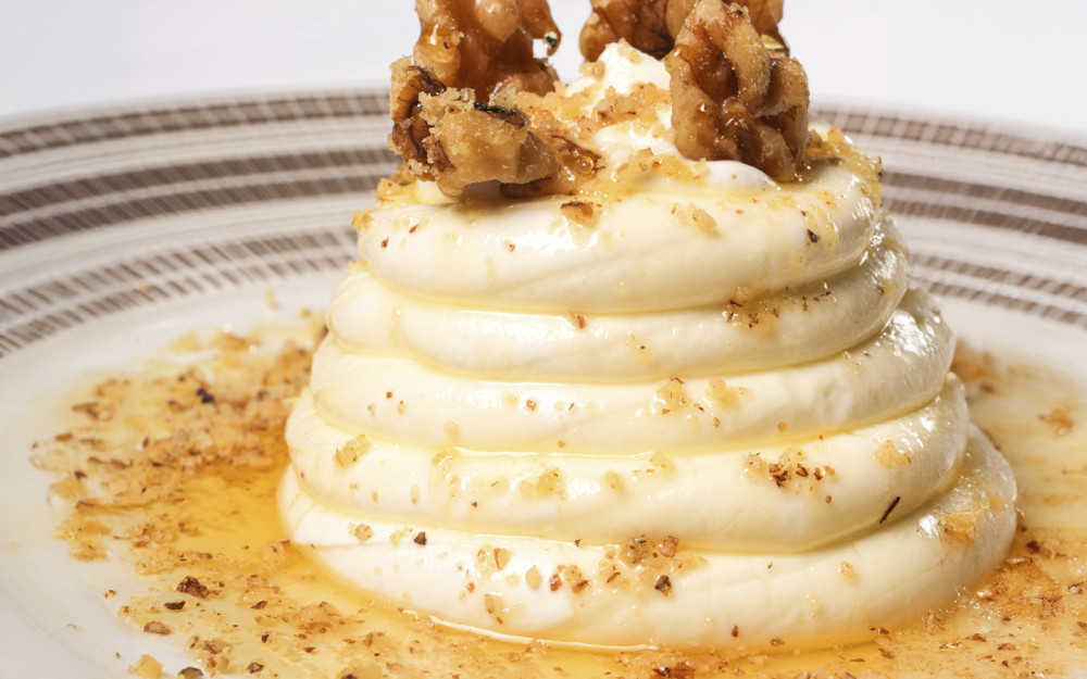 Topped with walnuts and thyme honey or spoon sweets