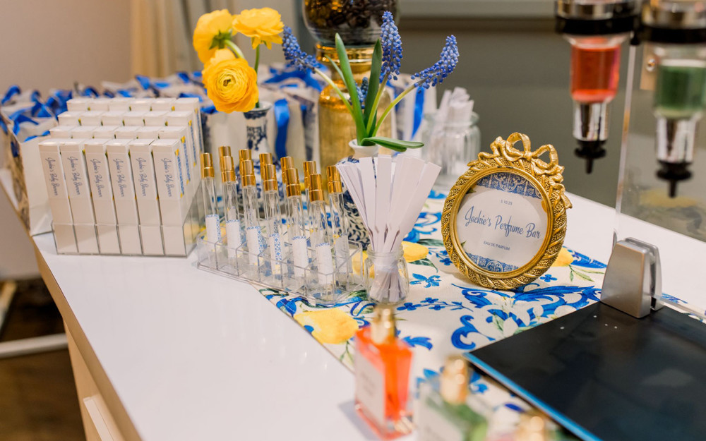 A perfume bar setup—perfect guest giveaway with custom fragrance bottles.