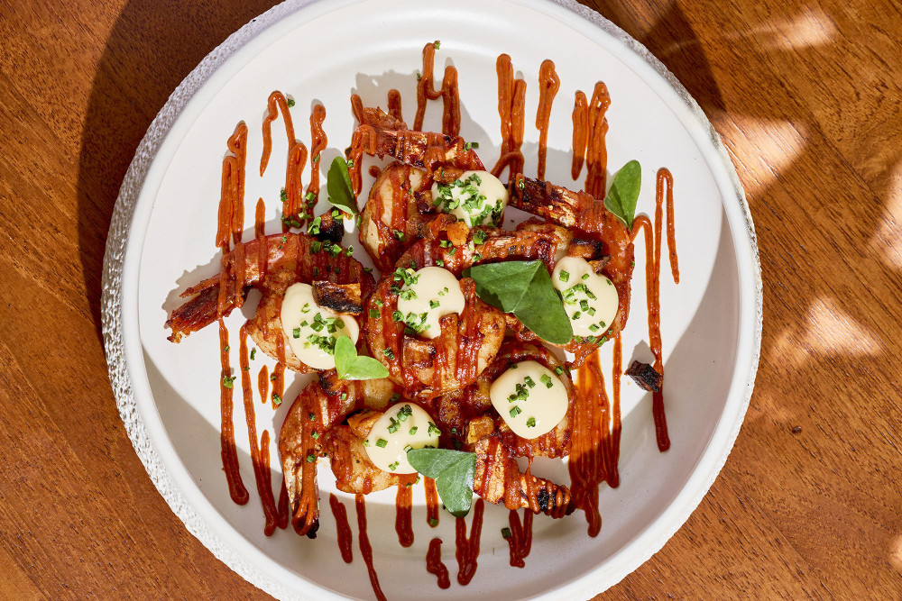 Jumbo Gulf shrimp, garlic, olive oil, sweet potatoes