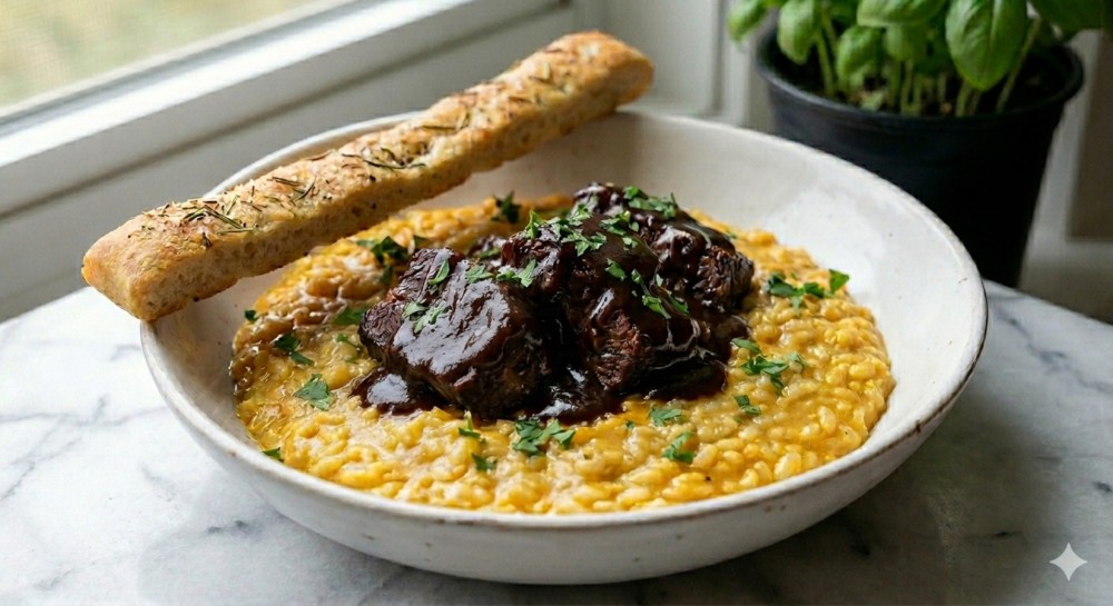 Beef Chuck Slow-Braised in a Red Wine Reduction Served over a Creamy Risotto