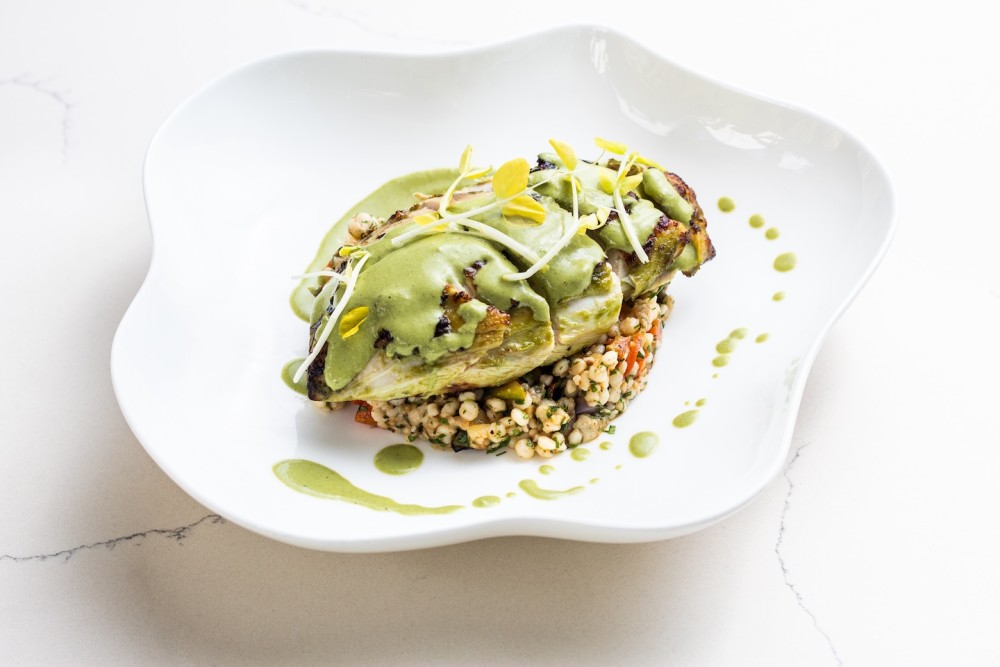 Roasted Chicken Breast, braised radishes, pistachio pesto