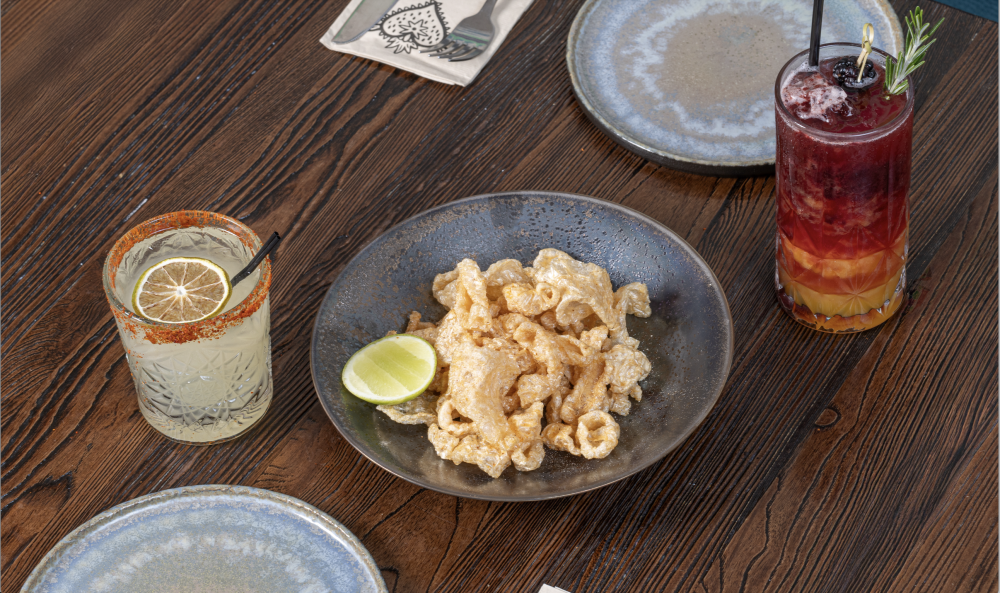 Pork crackling, Maldon salt, Tajín lime.
