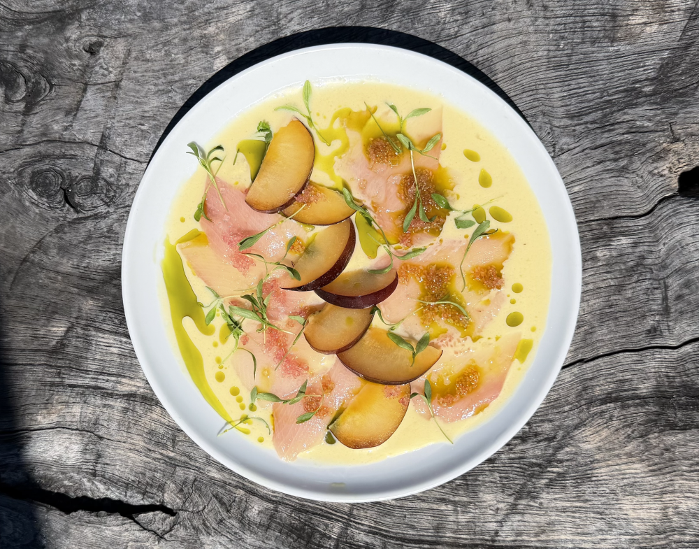 Hamachi Tiradito with plums, finger lime and leche de tigre