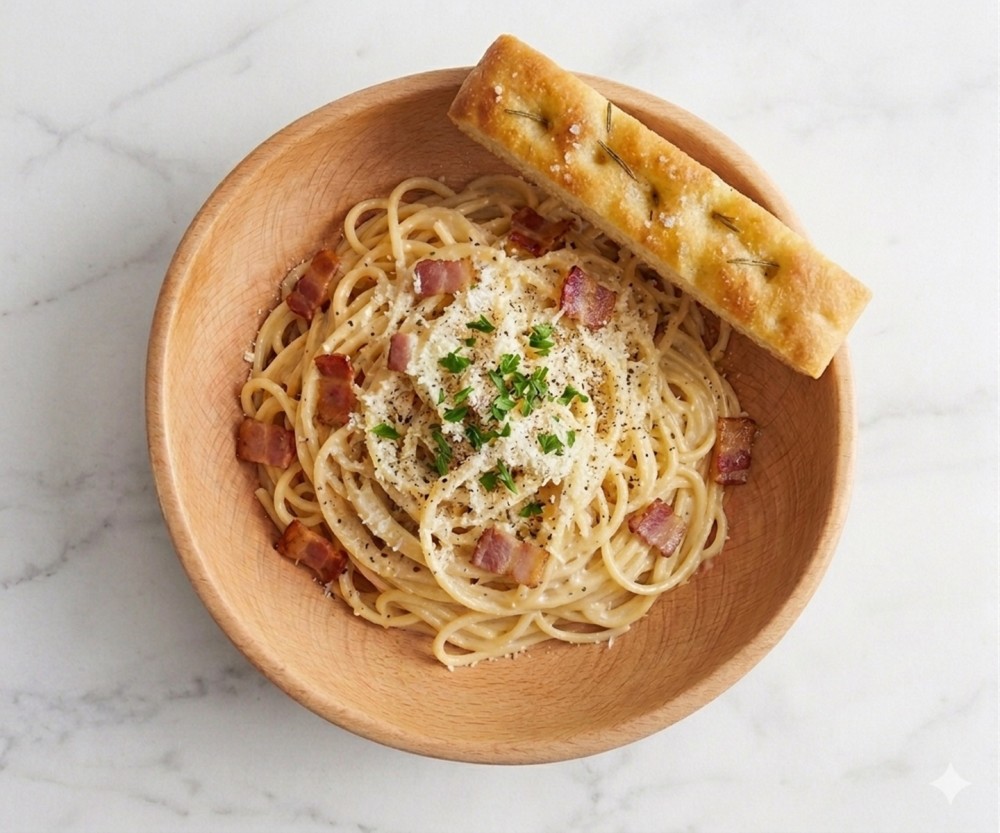 With Bacon, Onion, Egg Yolk, Cream and Pecorino Cheese