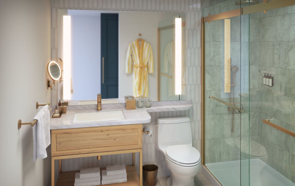 Enjoy a refreshing experience in our modern bathrooms, featuring a spacious walk-in shower and signature Le Labo bath amenities.