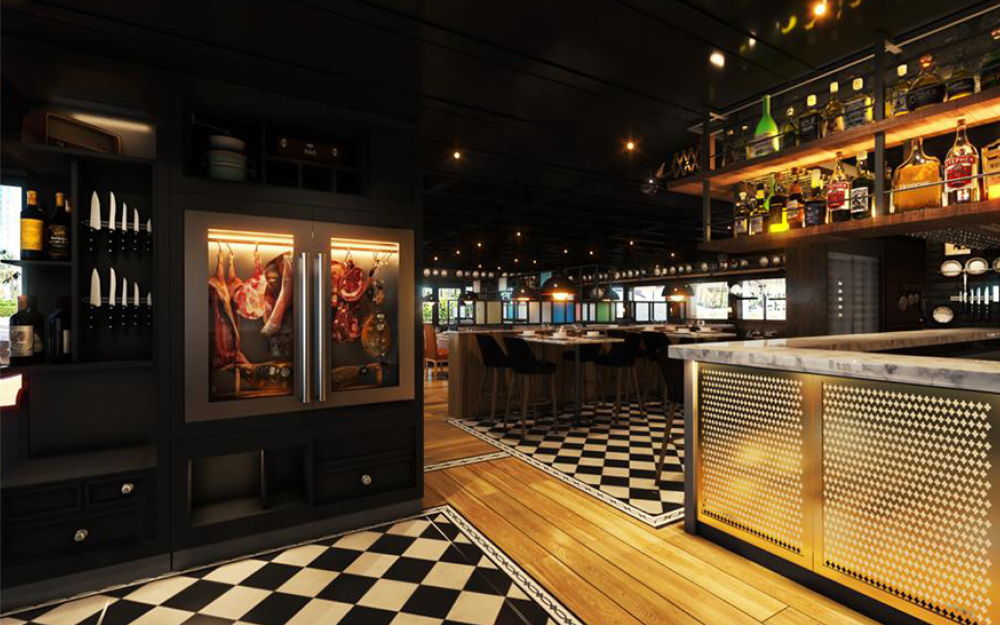 Expect warm tones throughout: rich wood floors, leather seating, and ambient lighting set an inviting mood. Eye-catching light fixtures and soft wall.
