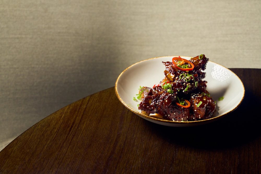 Smoked rub, sweet soy-honey glaze, pickled Fresno