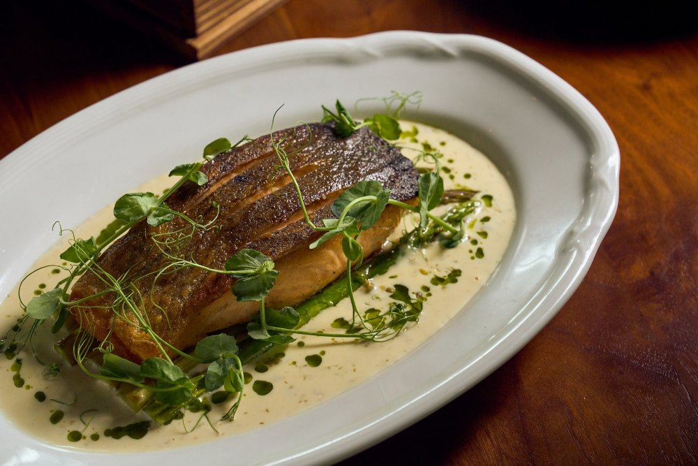 Crispy Skin, Roasted Asparagus Yuzu Caper Vin-Blanc