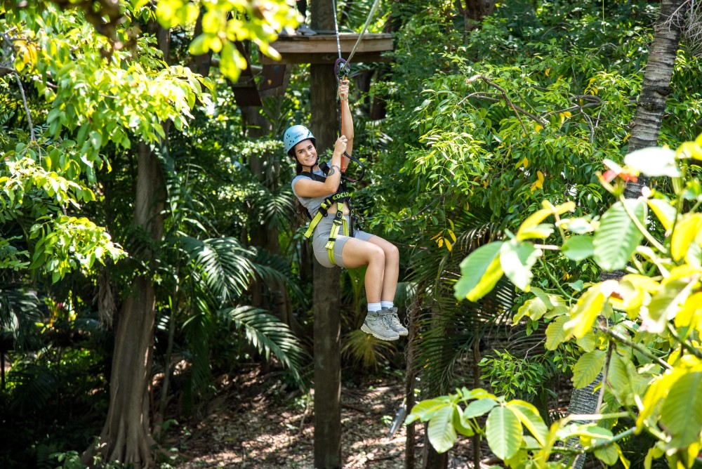 Zipline through a jungle setting.