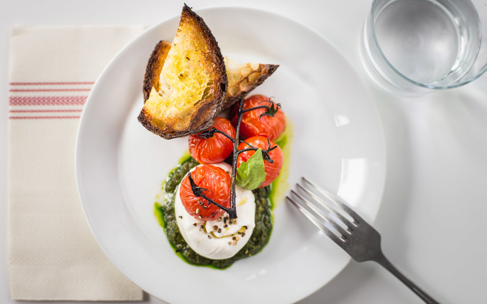 BURRATA blistered cherry tomatoes, pesto