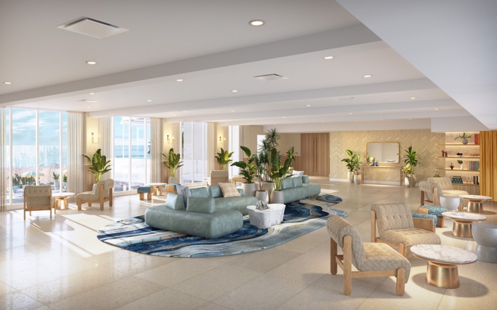Unwind in The Parlor, a stylish lounge space with comfortable seating and stunning views of the pool deck and the Atlantic Ocean beyond.