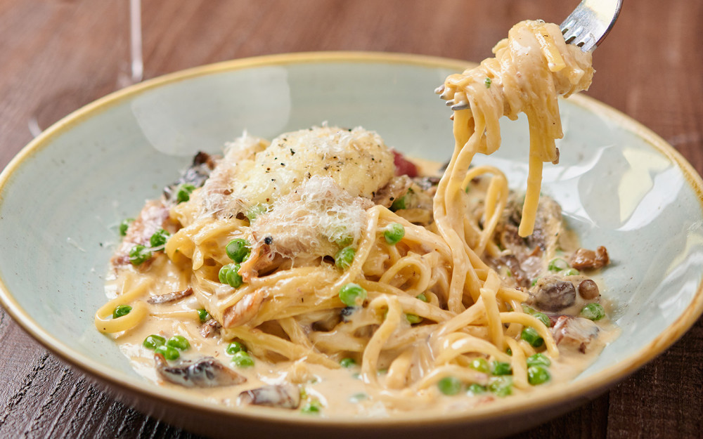 Truffle Carbonara - Linguini, wild mushrooms, bacon, garlic cream, green peas, poached egg